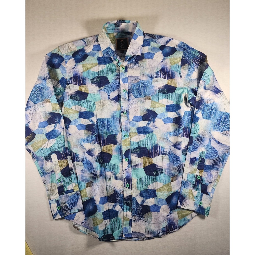 Cigar Mens Large Blue Abstract Geometric Mosaic Print Button Down Shirt Viscose